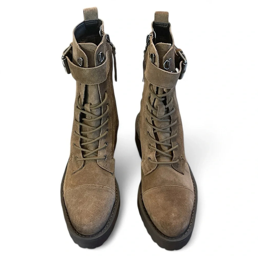 SAM EDELMAN Junip Combat Boot Women’s 5.5 Buckle Strap Lace Up Tan Suede Chunky - Picture 2 of 8